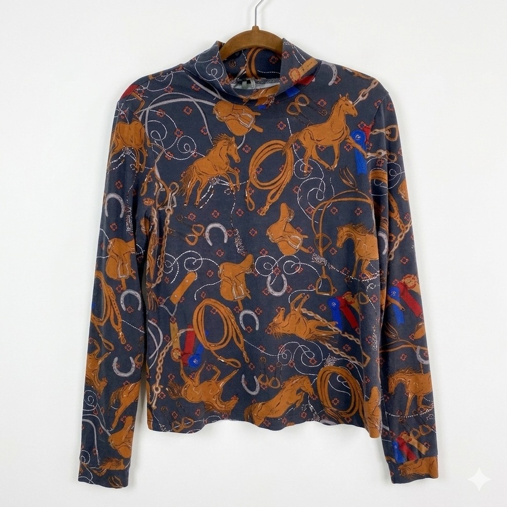 Anthropologie Equestrian Horse Print Turtleneck Top Size L Blue Prize Ribbon‎